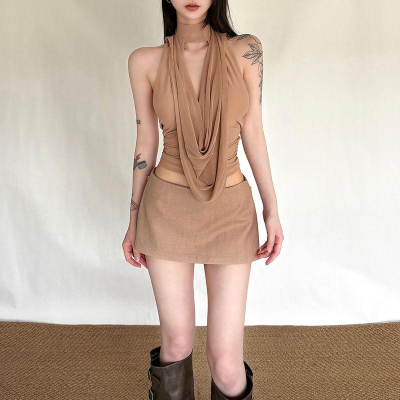 

# Sisjuly# Fashion Royal Sister Chic Collar Fold Design Beauty Back Sling Sheath A Word Short dress Set Women Khakis vest(K25L71113) S