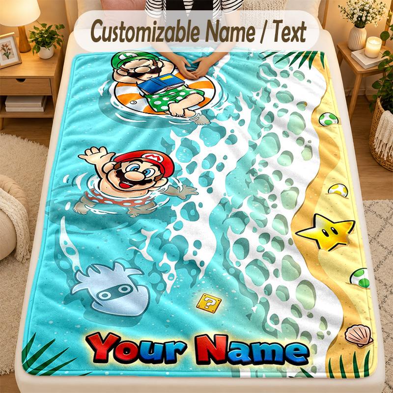 Flannel BlanketSuper Mario Custom Name Text Personalized Soft Warm Throw Blanket Home Decor Gift