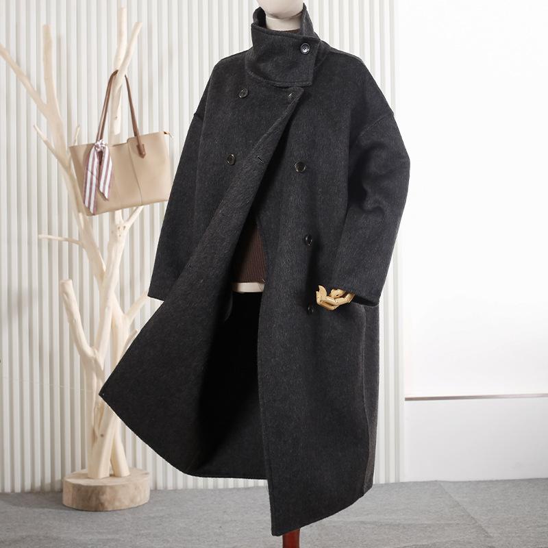 

Autumn and winter new wool double-sided woolen coat new long stand-up collar wool coat coat S чорний