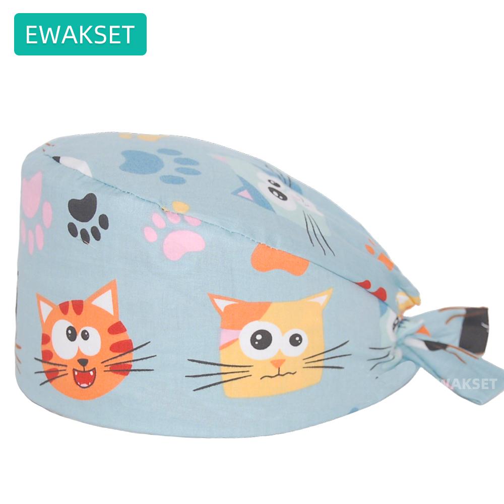 Women Men Cute Cat Printed Scrub Cap Breathable Cotton Medical Surgical Cap Adjustable Doctor Nurse Working Hat
