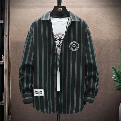 Męska Koszula Vintage w Paski z Aplikacjami na Klapach, Zapinana na Guziki, Streetwear Casual z Długim Rękawem, Luźne Top