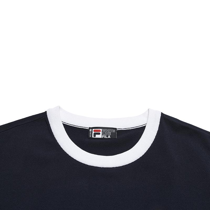 Fila Heritage Fashion Classic Simple Retro Striped Casual Round Neck Short Sleeve Knitted Sweater Women Tops Cigarette-Blue F11W628416FDB