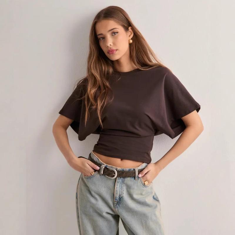 

Модная футболка с круглым вырезом и коротким рукавом больших размеров для женщин, летняя новая простая однотонная свободная футболка, женская элегантная облегающая повседневная женская футболка 26652 M коричневый