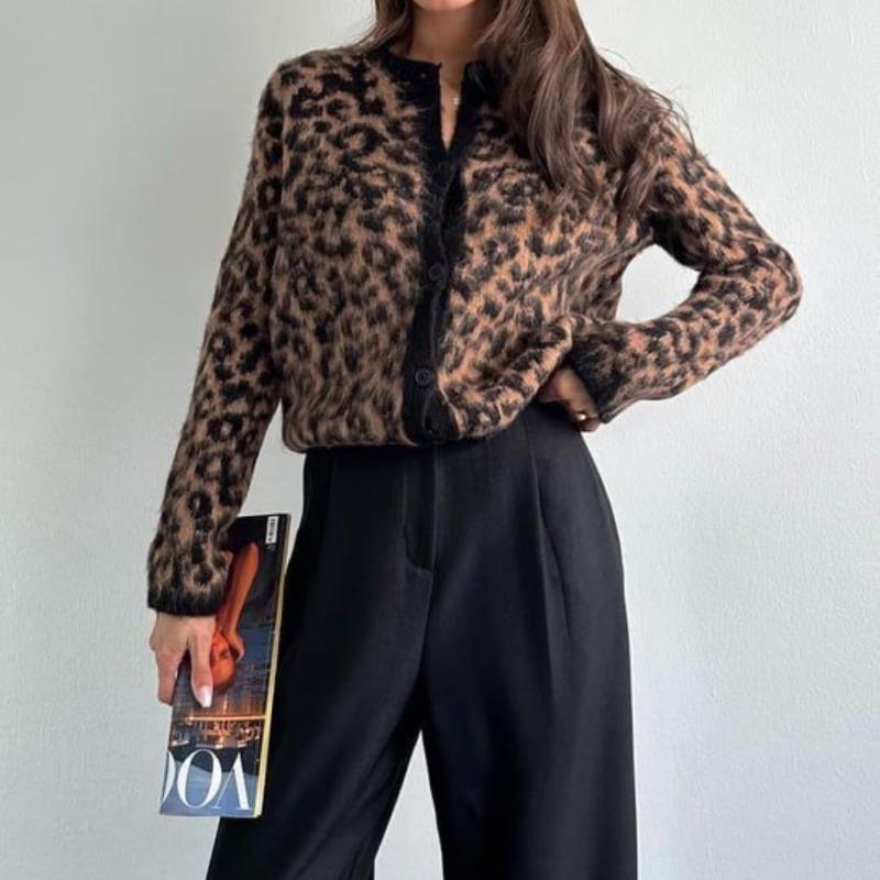 Leopard Print Knit Cardigan Women's Loose O-Neck Long Sleeve Casual Color Block Sweater Fashion Button Cardigan Top Y2k