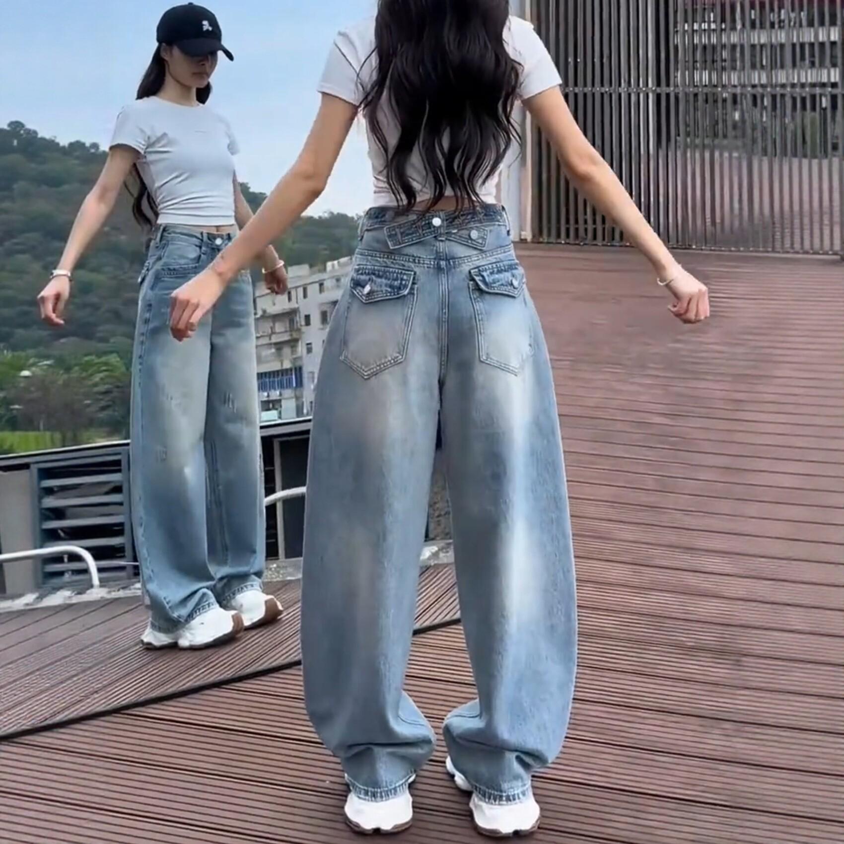 

2026 Spring/Summer Trendy High-Waisted Wide-Leg Jeans for Women, Plus Size, Slimming and Stylish S синій