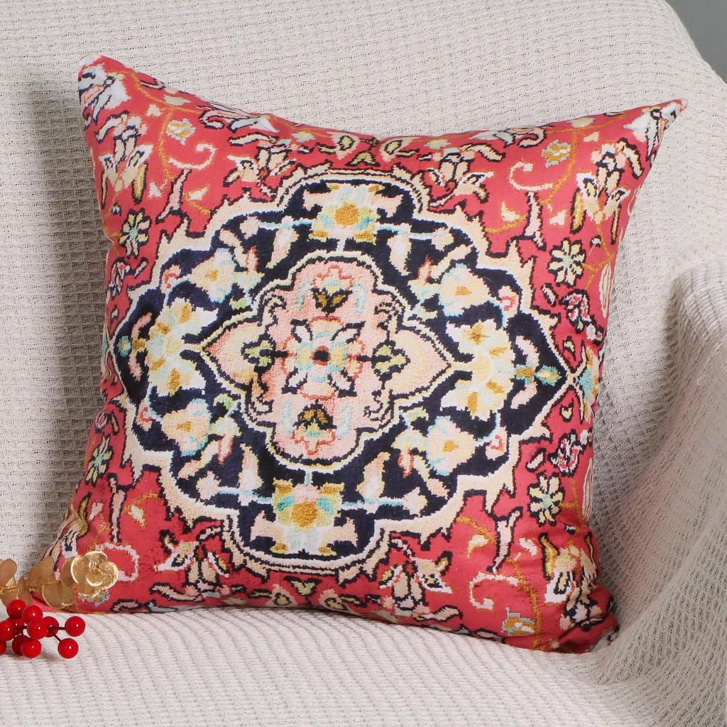 4 Pcs Double Sided Red Persian Kilim Cushion Covers, Bohemian Tribal Vintage Rug Print Throw Pillow Cases (No Inserts)