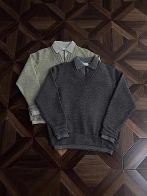 Men's V-Neck Retro Style Knitwear Top - Faux Two-Piece, Winter Lapel, Loose Fit