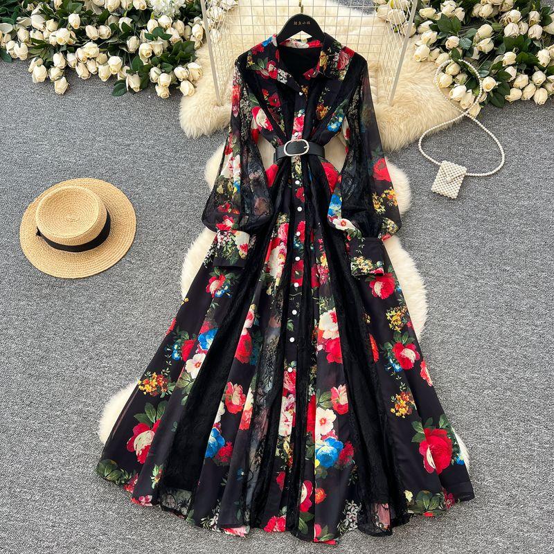 

French Dress 2025 New Arrival Fashion Elegance Retro Lapels Long Sleeves Waist-Tight Lace Patchwork Printed Long Dress Black XL