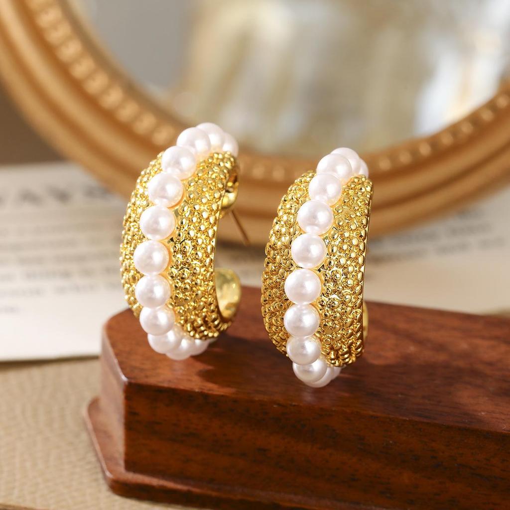 Elegant Pearl C-Shaped Gold-Plated Hoop Earrings
