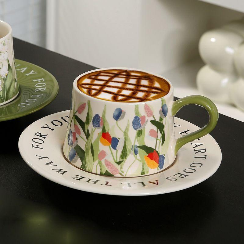 Original Hand Painted Lily of The Valley Flower Ceramic Coffee Cup Saucer Set Niche Latte Cup Afternoon Tea Exquisite Souvenir Gift