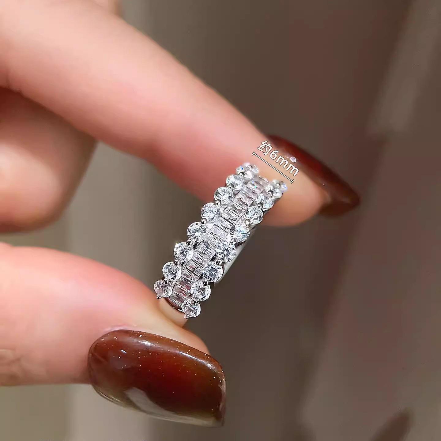 2026 Zircon Full Diamond Heavy Industry Ring T Square Diamond Sugar Cube Lace Bright Galaxy Ring Half Ring Diamond Row Ring Resizable