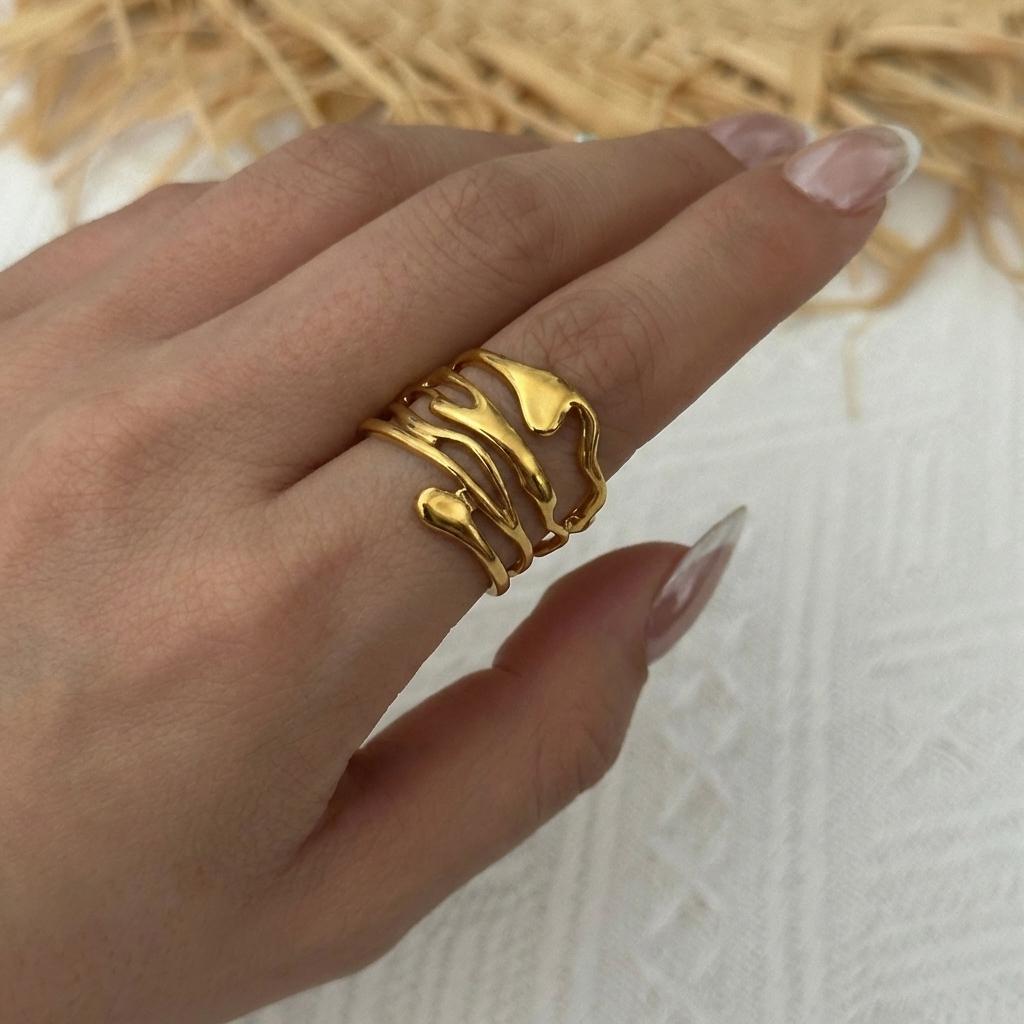 Stainless Steel Hollow Wide Rings for Women Men Gold Color Vintage Irregular Tree Branch Opening Ring Waterproof Party Jewelry