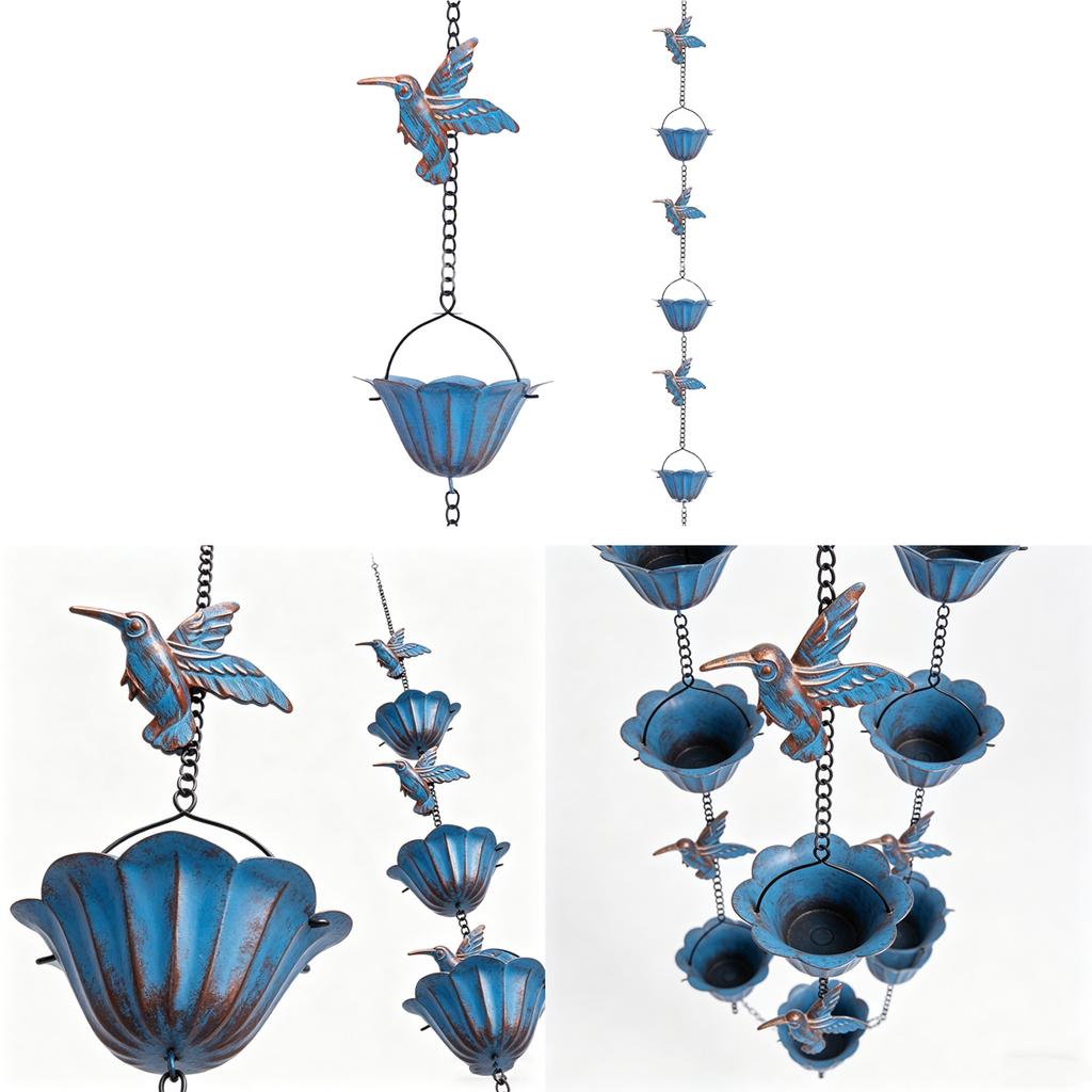 Metal Rain Chain with Hummingbird and Flower Cup Design for Outdoor Gutter Water Drainage and Decorative Use Durable Weather Resistant