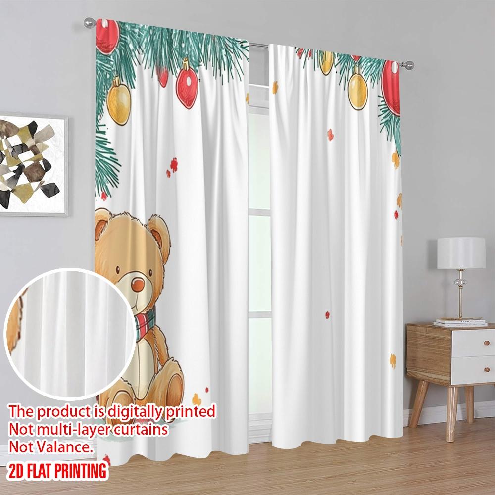 2pcs,2D plane printing Creative Curtains Christmas bear festive card (2) Versatile Polyester Fabric (without rod) Home Decor