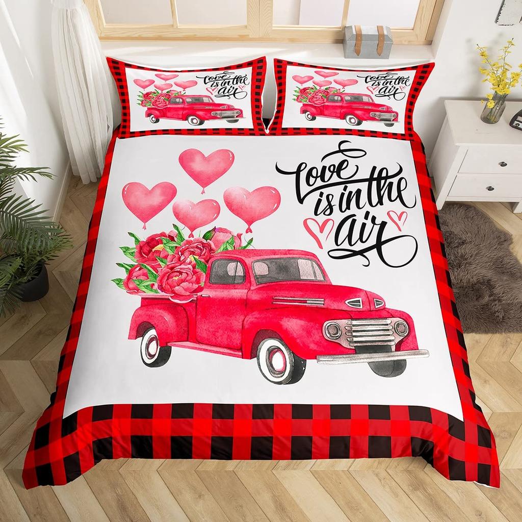 Valentines Day King Duvet Cover Romantic Bedding Set Kawaii Couple Gnome Comforter Cover Pink Rose Hearts Polyester Quilt Cover