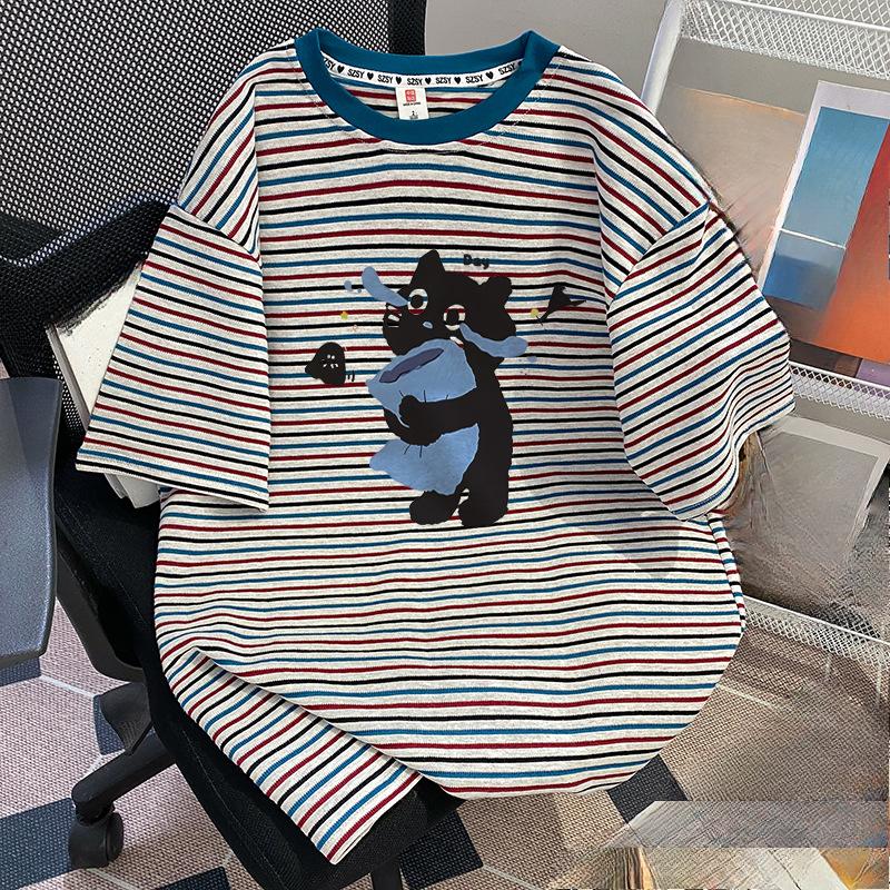 New Extra-large Vintage Striped Short-sleeved Printed T-shirt
