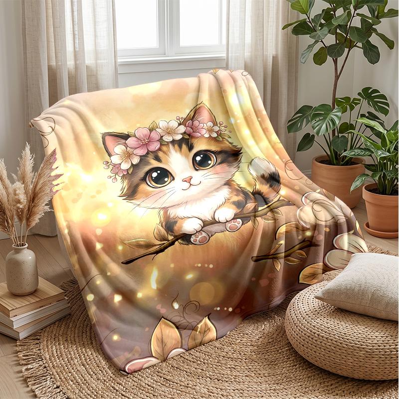 Flower Crown Cat Theme Blanket Lightweight Warm Flannel Blanket Decorative Throw Blanket for Home Decoration