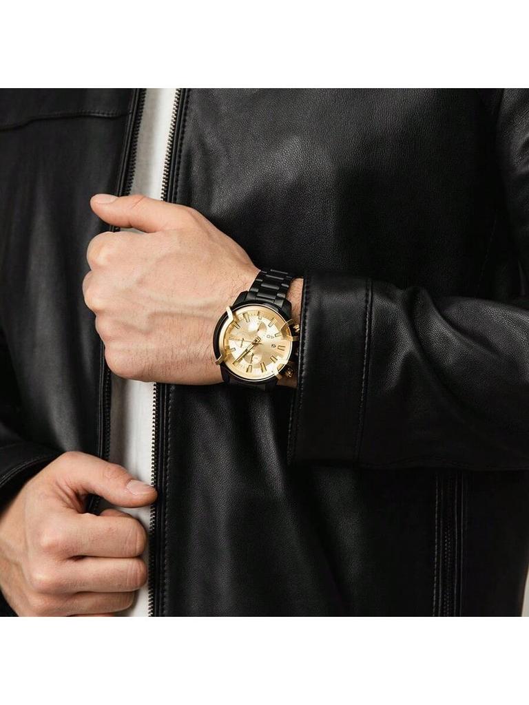 Timer-Modell lässige modische Herren-Quarzuhr DZ4525, gefertigt aus schwarzem Edelstahl, mit rundem Zifferblatt und spiegelnder Oberfläche mit Farbverlauf Armbanduhr.