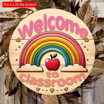 2D Flach 20*20cm, Dekoration für die Heimkehrsaison, Hölzernes Rundlogo "Willkommen im Klassenzimmer" mit Regenbogen- und Apfelmotiven, für Zuhause, Küche, Garten