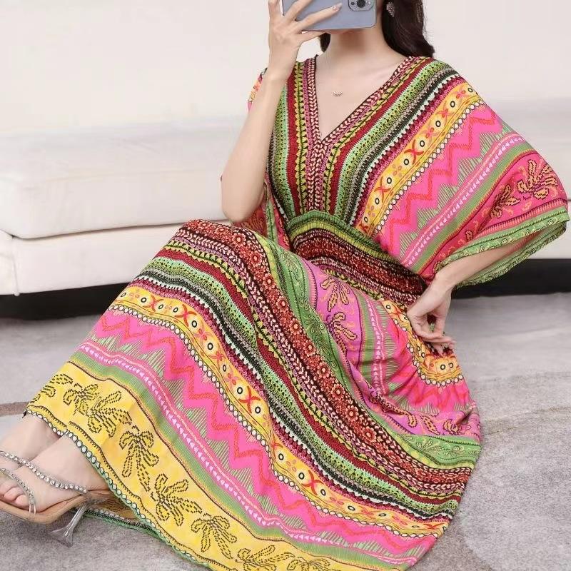 Ethnic Style V-neck Cotton and Silk Short-sleeved Beach Dress Thailand Travel Dress Summer Print Vacation Floral Skirt