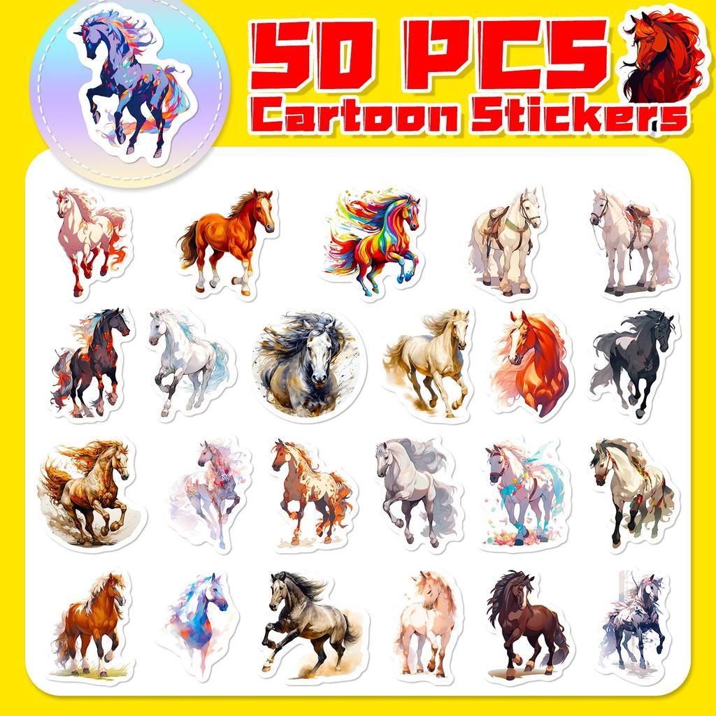 50-Pack Cute Cartoon Horse Stickers Aesthetic Animals Decals DIY Skateboard Laptop Bike Phone Graffiti Sticker Kids Toy