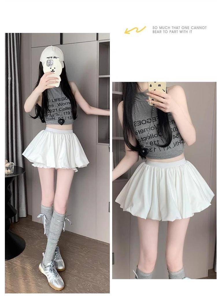 White High-Waist Anti-Exposure A-Line Mini Skirt - Women's Sweet Age-Reducing Flower Bud Design