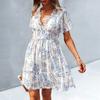 Women's Fashion Summer Floral Print V Neck Short Sleeved Casual Vacation Dress