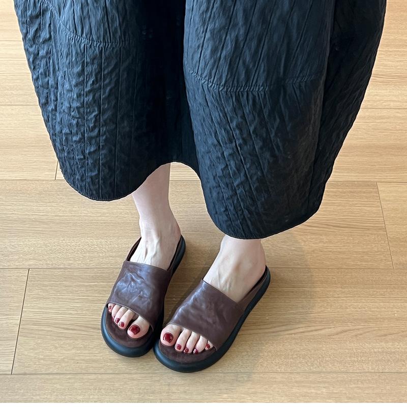 Women's French Retro Open Toe Slide Sandals Comfortable Light Luxury Summer Flat Soft Sole Thick Platform Slippers