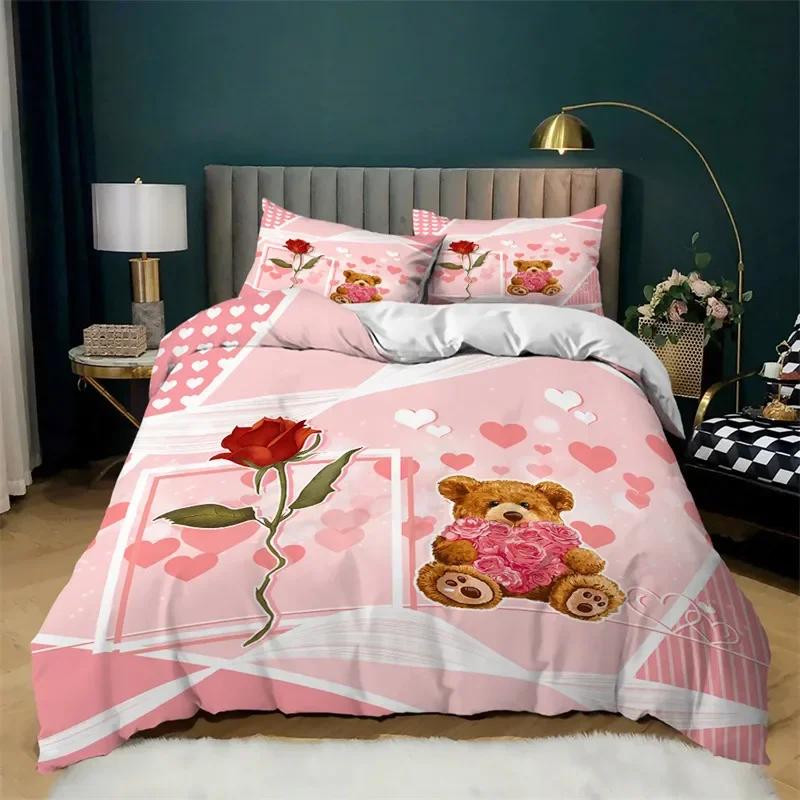 Love Heart Soft Duvet Cover Set Microfiber Bear Warm Comforter Cover Soft Romantic Beding Sets Valentine's Day For Young Girls Women Rom Decor