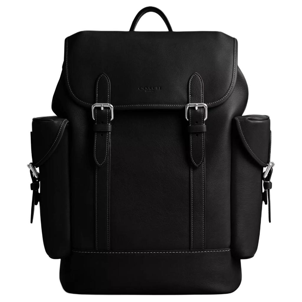 Coach Black Pebbled Leather Large Flap Backpack with Side Pockets for Daily Use