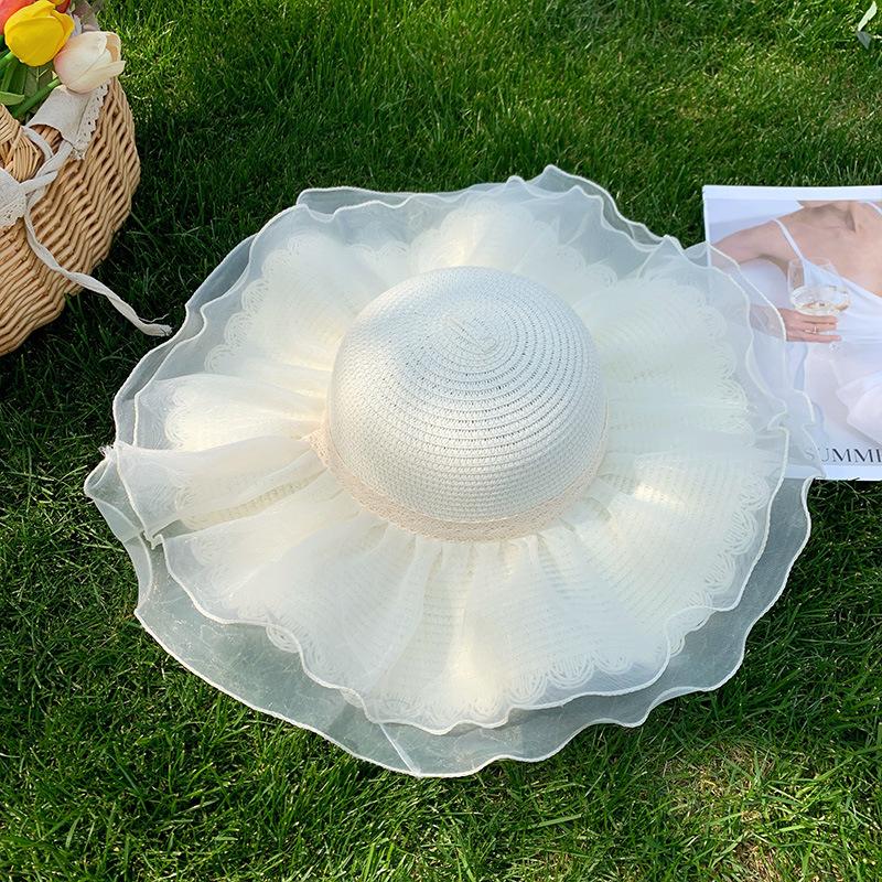 

Соломенная шляпа с кружевным бантом, элегантная, дышащая, защита от солнца, универсальные солнцезащитные шляпы с защитой от ультрафиолета, широкие поля для женщин one size