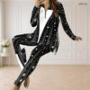 Women Plus Size Printed Two Piece Pants Set Front Zipper Long Sleeve Longline Top Fitted Long Pants Black Green Gold