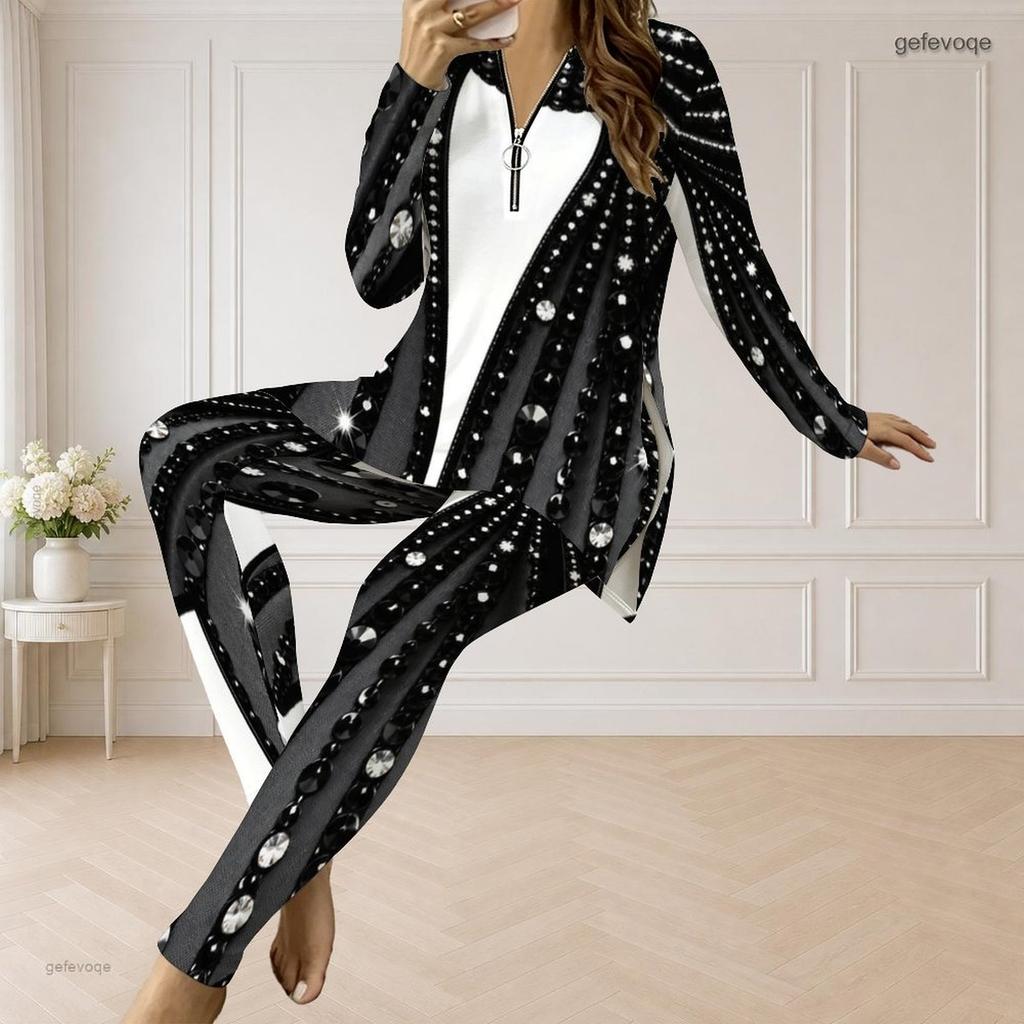 Women Plus Size Printed Two Piece Pants Set Front Zipper Long Sleeve Longline Top Fitted Long Pants Black Green Gold
