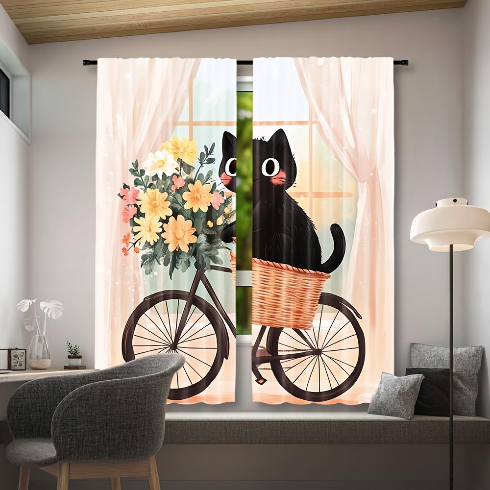 Whimsical Cat Riding Bicycle Abstract Art Curtains Design Semi Transparent Polyester Drapes Floral Accen Set Of 2 Made With Rod Pocket