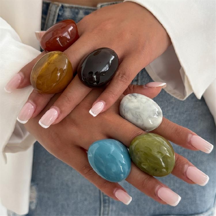 Marbled Effect Resin Art Rings Curved Wide Band Design Safe Construction Stackable Fashion Accessory Resin Texture
