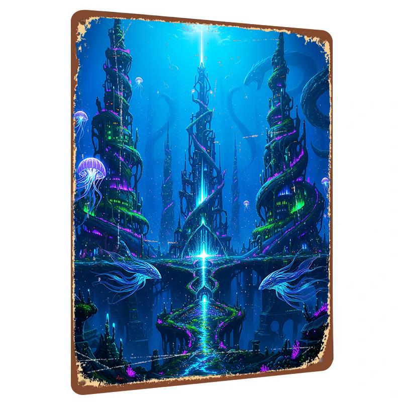 

Deep Sea Fluorescent Castle Magical Underwater World Metal Iron Painting Home Decor Mural 20x30cm（7.8x11.8inch）