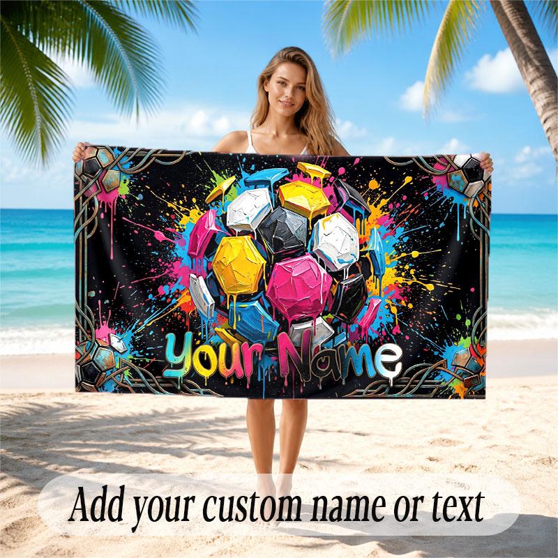 Soccer Theme Beach Towel Personalized Custom Name & Text Soft Quick Dry Beach Towel for Swimming Travel