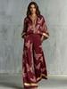 Pink Gold Butterfly Print Women's Two-Piece Suit with Lapel Wide Sleeve Shirt and Drape Wide-Leg Pants