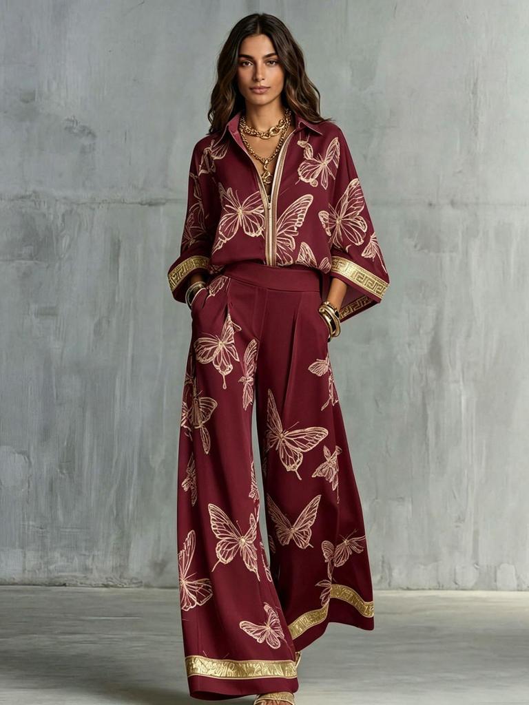 Pink Gold Butterfly Print Women's Two-Piece Suit with Lapel Wide Sleeve Shirt and Drape Wide-Leg Pants