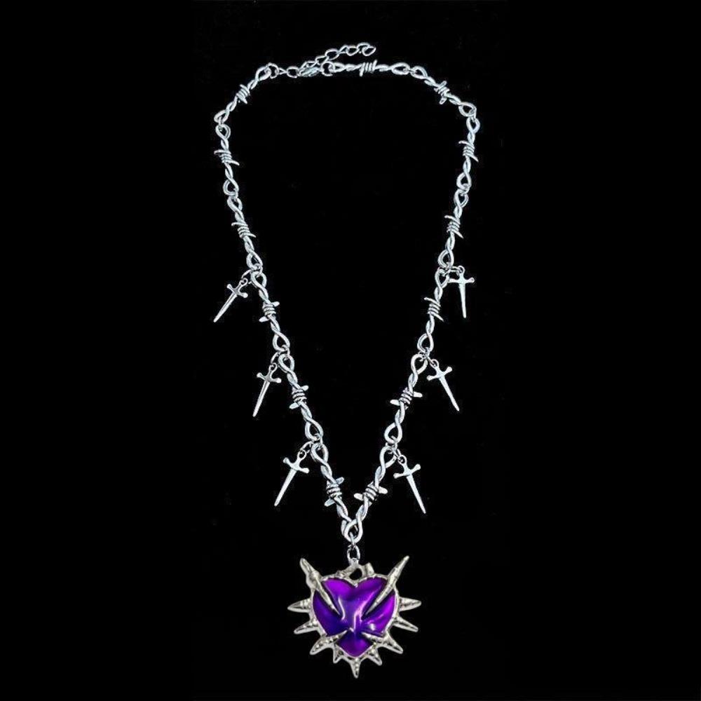 Yk2 Subculture Sliver Color Thorn Chain Sword Tassel Black Heart-shaped Pendant Necklace for Women Men Hip-hop Street Jewelry