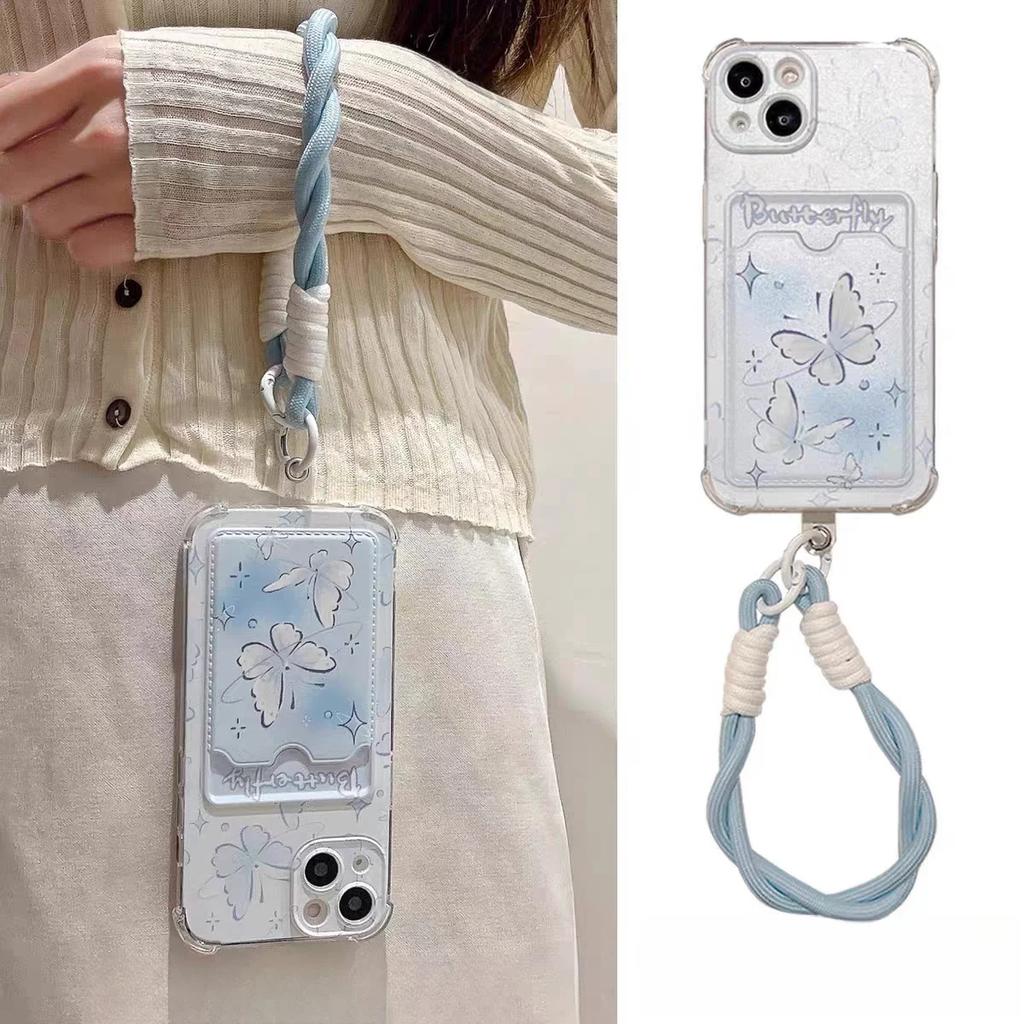 Butterfly Card Holder Pocket With Lanyard Case For Samsung Galaxy S25 Edge S23 S24 S25 Ultra S22 S21 Plus S20 FE Cover Cute Soft