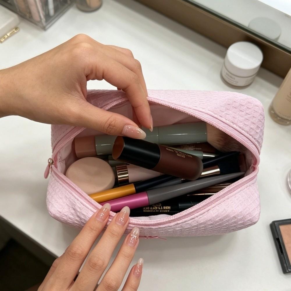 Borsa da Trucco a Maglia Waffle di Grande Capacità con Cerniera Organizer per Articoli da Toeletta Borsa Essenziale per Cosmetici Quotidiana