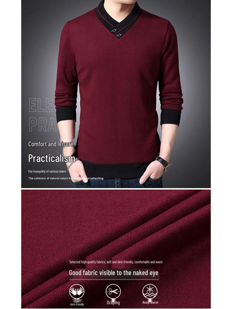 Men's Winter V-Neck Sweater with Scarf Collar and Two-Button Knit, Thickened for Warmth.