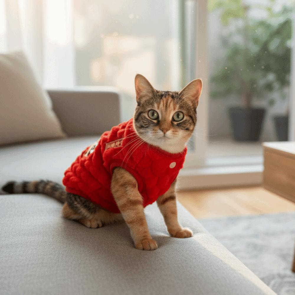 Pet Costume Warm Dancing Lion Cat Coat Red Embroidered New Year Pet Vest Fluffy Soft Winter Dog Jacket Pet Party