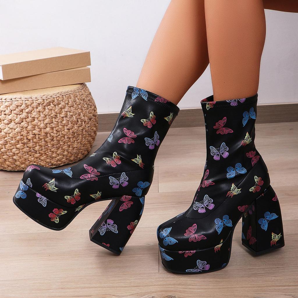 Fashion Large size women's autumn winter new short boots square toe waterproof platform high heels fashionable thick soled women's boots
