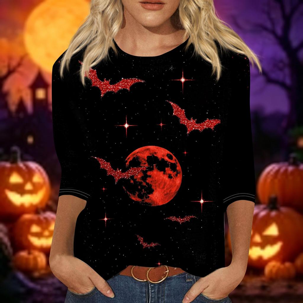 Women Casual Three Quarter Sleeve Halloween Pumpkin Print Crew Neck Top Lightweight Comfortable Fall Shirt for Everyday Wear