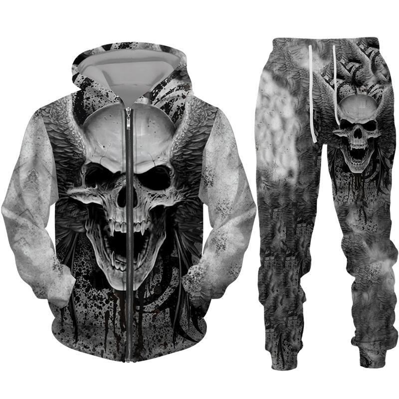 Sudadera con cremallera negra y pantalón con estampado 3D de calavera fresca, conjunto de chándal estilo gótico punk para hombre y mujer, conjunto de chándal 2026, disfraz de streetwear para Halloween