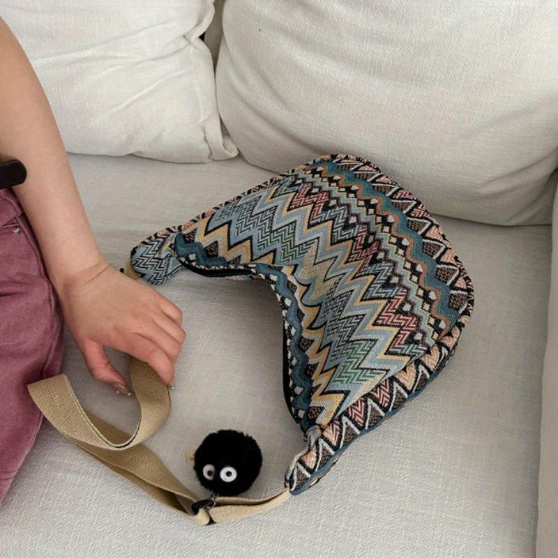 Wave Pattern Design Crossbody Bag for Women Canvas Shoulder Bag, Versatile College Students Dumplings Bag