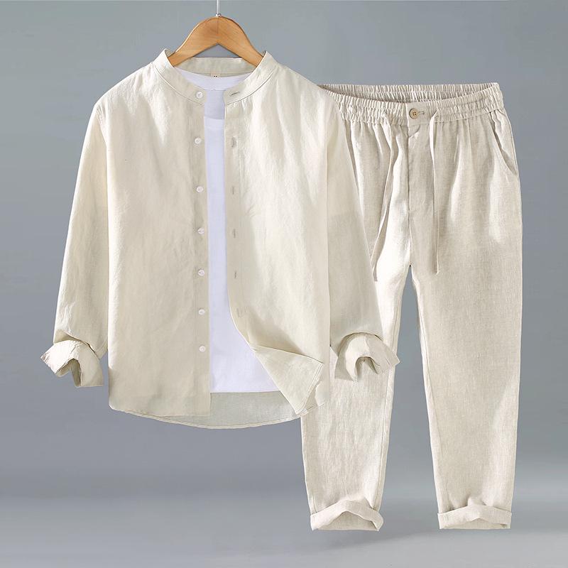 

Pure Linen Men s Stand Collar Long Sleeve Shirt - National Style, Versatile, Trendy, Loose Fit 3XL