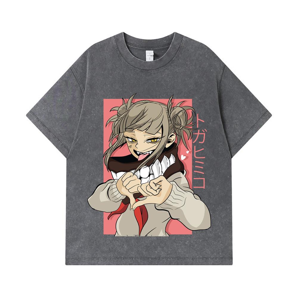 275 GSM Gewassen T-shirts 100% Katoen My Hero Academia V19 Toga Print Unisex Zwaar Katoenen T-shirt